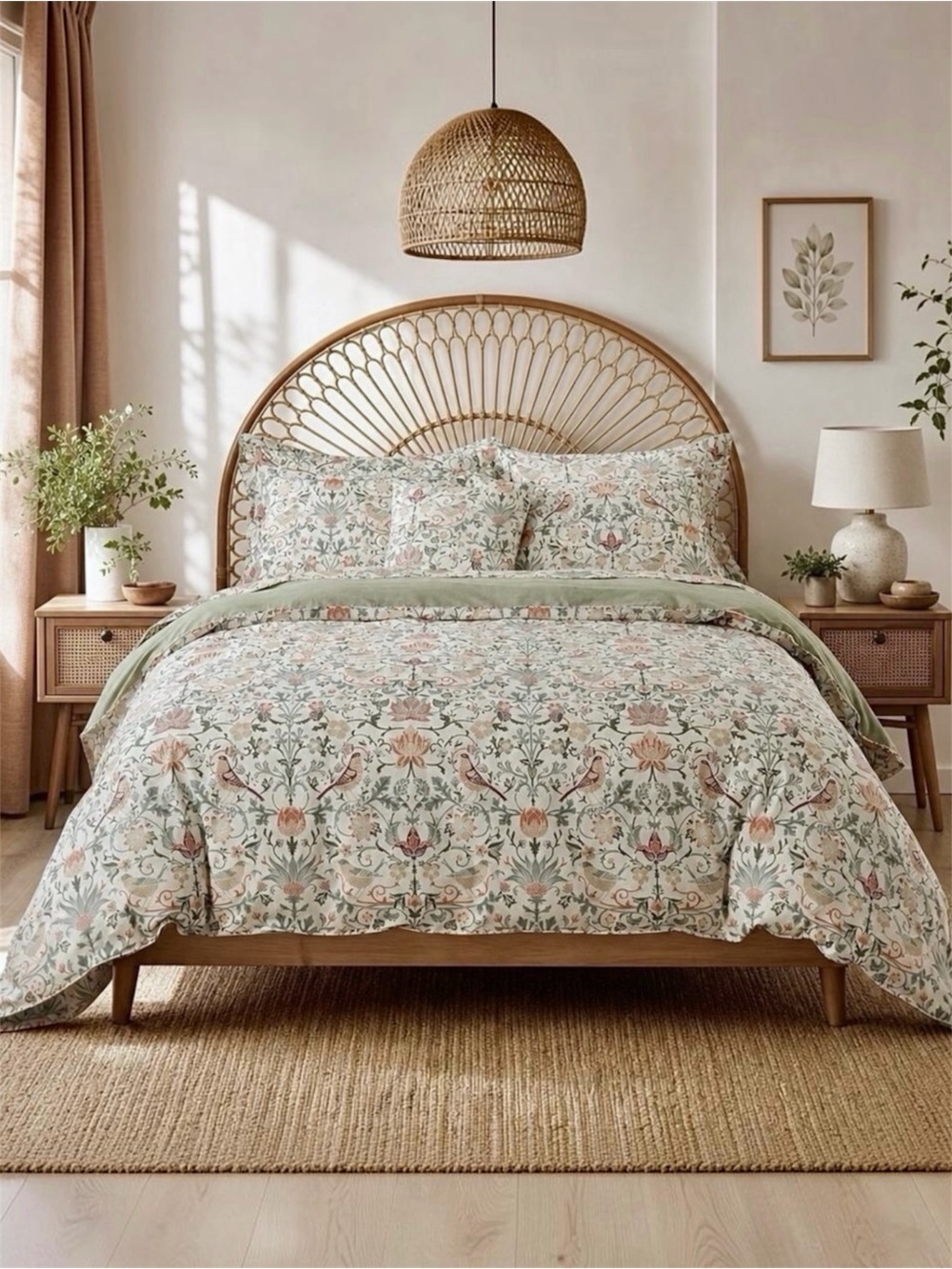 NEW Anthropologie Green & Coral Floral Bird 100% Cotton Duvet Bedding & Sham Set